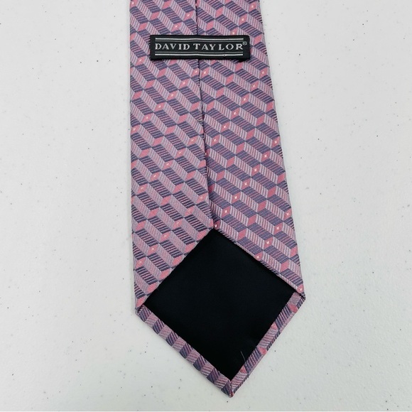 David Taylor Pink Grey White Geometric Office Business Corp Handmade Silk Tie - Picture 3 of 8
